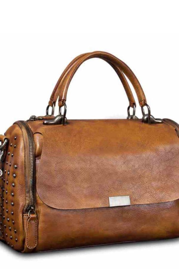 DIY Brown High-capacity Rivet Calf Leather Tote Handbag