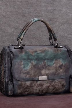 DIY Brown High-capacity Rivet Calf Leather Tote Handbag