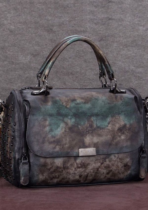 DIY Brown High-capacity Rivet Calf Leather Tote Handbag