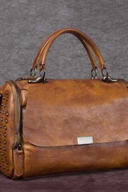 DIY Brown High-capacity Rivet Calf Leather Tote Handbag