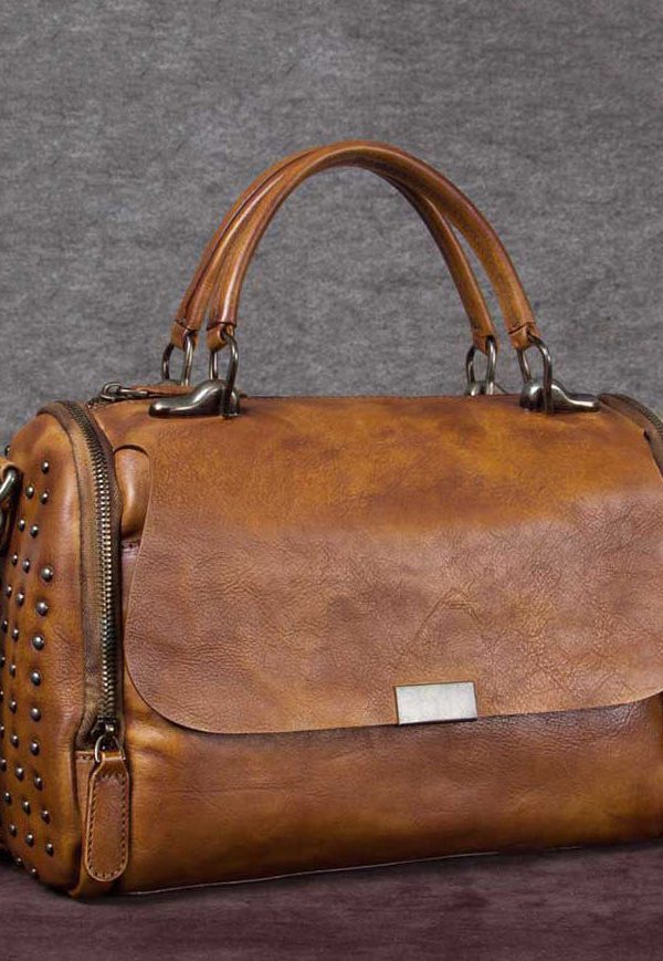 DIY Brown High-capacity Rivet Calf Leather Tote Handbag