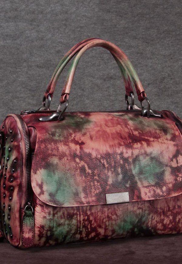 DIY Brown High-capacity Rivet Calf Leather Tote Handbag