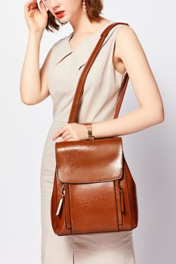 DIY Brown Large Capacity Calf Leather Backpack Bag