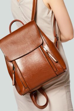 DIY Brown Large Capacity Calf Leather Backpack Bag