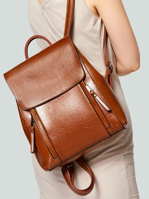 DIY Brown Large Capacity Calf Leather Backpack Bag
