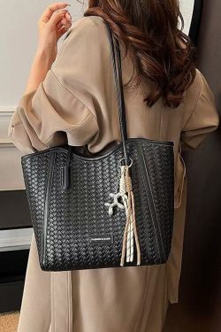 DIY Brown Large Capacity Weave Design Faux Leather Shoulder Bags