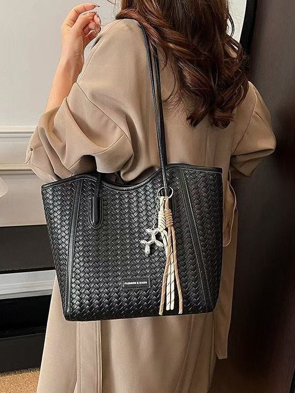 DIY Brown Large Capacity Weave Design Faux Leather Shoulder Bags