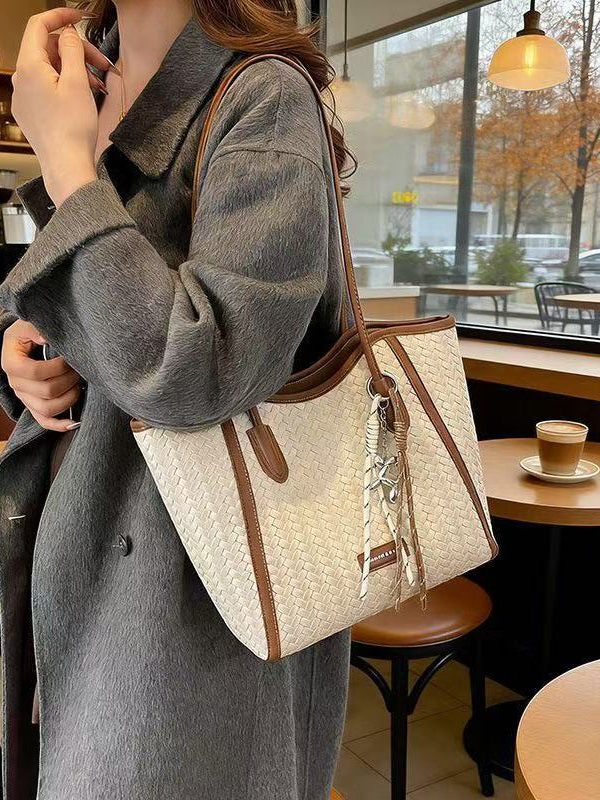 DIY Brown Large Capacity Weave Design Faux Leather Shoulder Bags