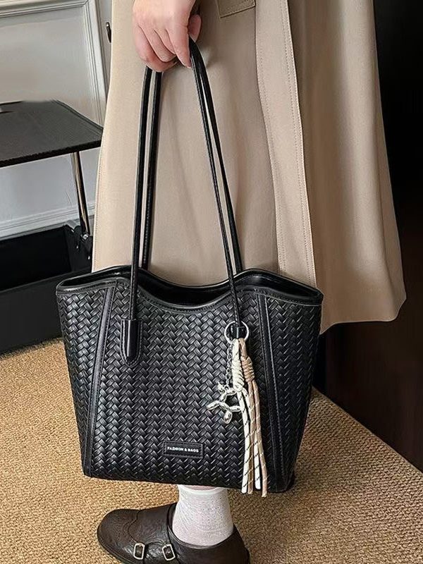 DIY Brown Large Capacity Weave Design Faux Leather Shoulder Bags