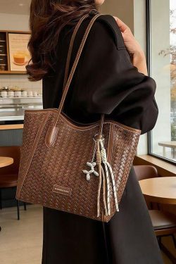 DIY Brown Large Capacity Weave Design Faux Leather Shoulder Bags