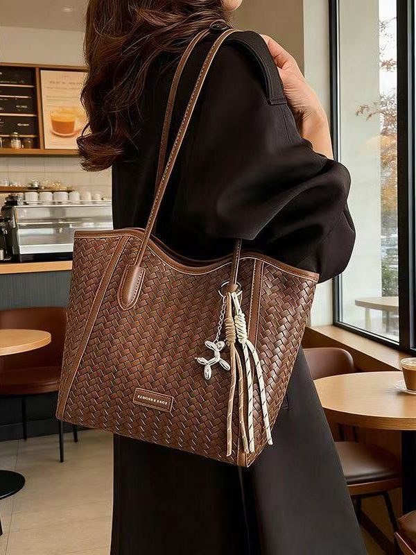 DIY Brown Large Capacity Weave Design Faux Leather Shoulder Bags