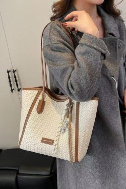 DIY Brown Large Capacity Weave Design Faux Leather Shoulder Bags