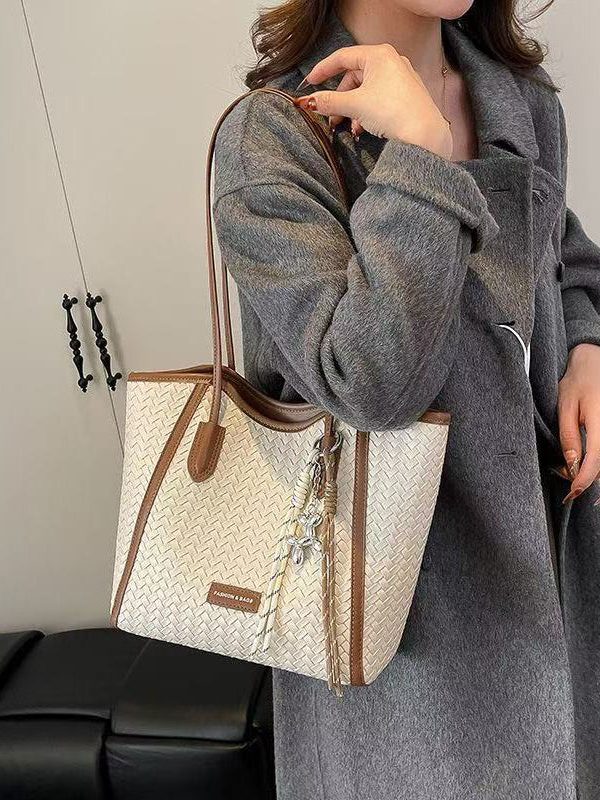 DIY Brown Large Capacity Weave Design Faux Leather Shoulder Bags