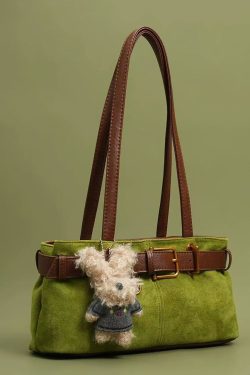 DIY Grass Green Plush Toy Durable Faux Leather Satchel Handbag