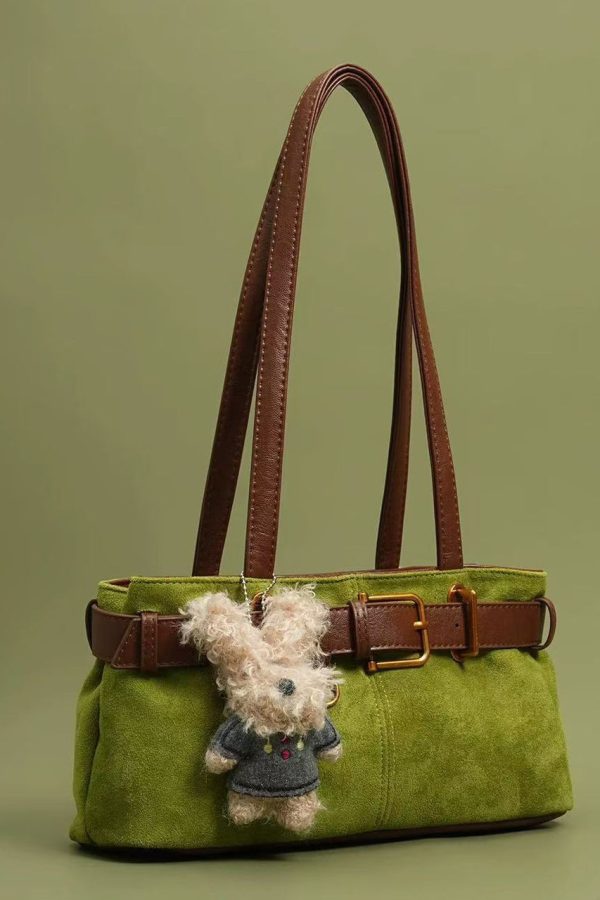 DIY Grass Green Plush Toy Durable Faux Leather Satchel Handbag