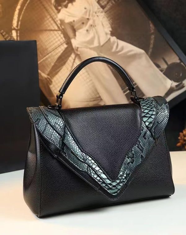 DIY Green Serpentine Large Capacity Faux Leather Tote Handbag