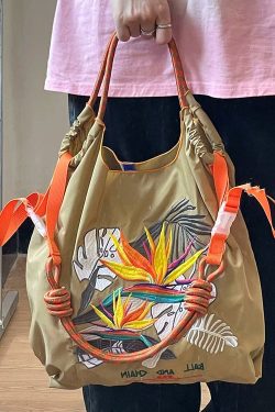 DIY Khaki Embroideried Solid Durable Nylon Shopping Bag