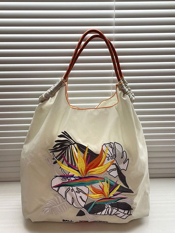 DIY Khaki Embroideried Solid Durable Nylon Shopping Bag