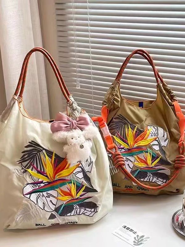DIY Khaki Embroideried Solid Durable Nylon Shopping Bag