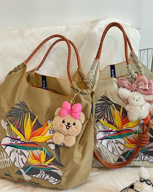 DIY Khaki Embroideried Solid Durable Nylon Shopping Bag