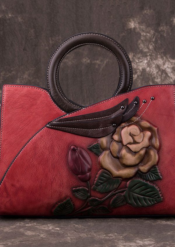 DIY Red Asymmetrical Design Jacquard Calf Leather Tote Handbag