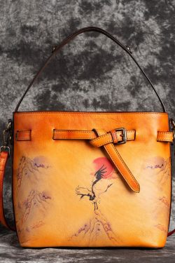 DIY Red Brown Print Paitings Calf Leather Tote Handbag