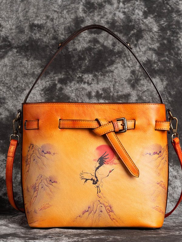 DIY Red Brown Print Paitings Calf Leather Tote Handbag