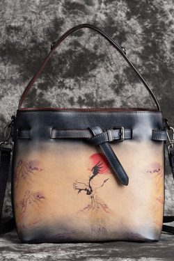 DIY Red Brown Print Paitings Calf Leather Tote Handbag