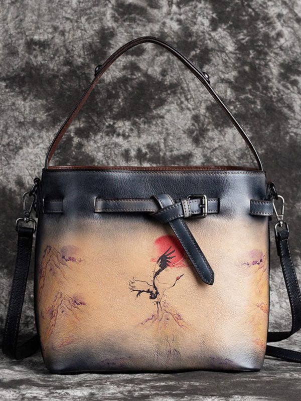 DIY Red Brown Print Paitings Calf Leather Tote Handbag