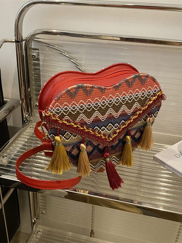 DIY Red Tassel Heart Patchwork Messenger Bag