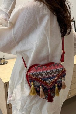 DIY Red Tassel Heart Patchwork Messenger Bag