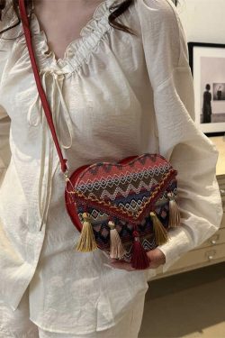 DIY Red Tassel Heart Patchwork Messenger Bag