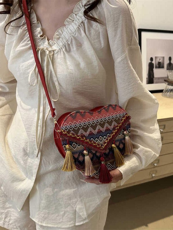 DIY Red Tassel Heart Patchwork Messenger Bag
