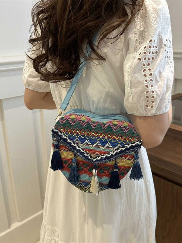 DIY Red Tassel Heart Patchwork Messenger Bag
