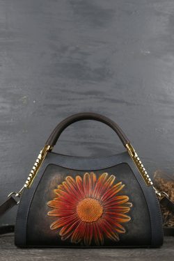 DIY Red The Sunflowers Jacquard Calf Leather Tote Handbag