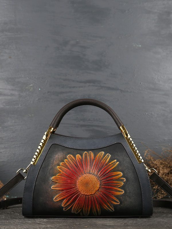 DIY Red The Sunflowers Jacquard Calf Leather Tote Handbag