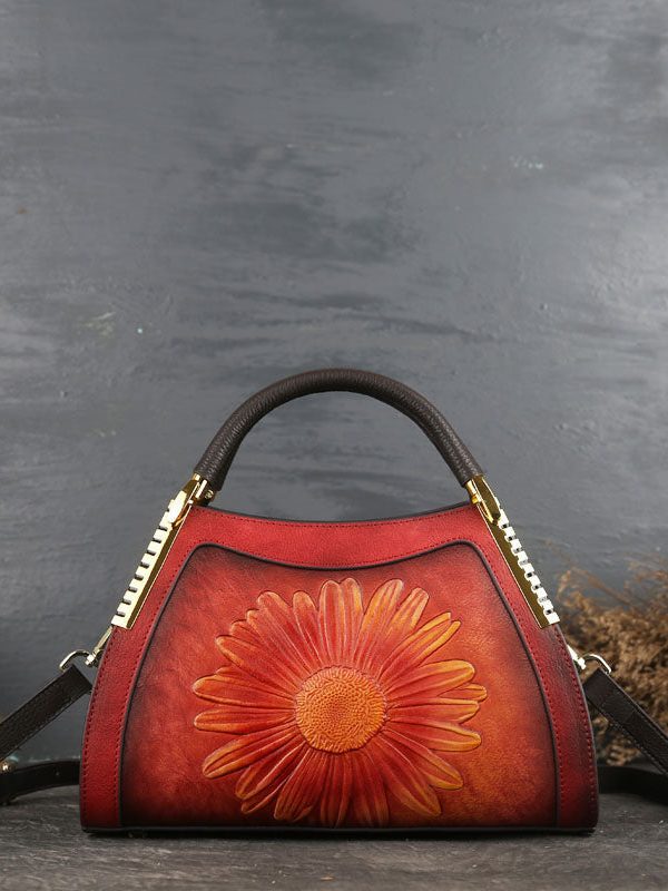 DIY Red The Sunflowers Jacquard Calf Leather Tote Handbag