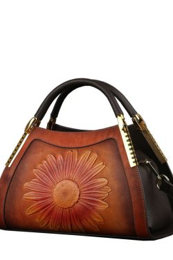 DIY Red The Sunflowers Jacquard Calf Leather Tote Handbag