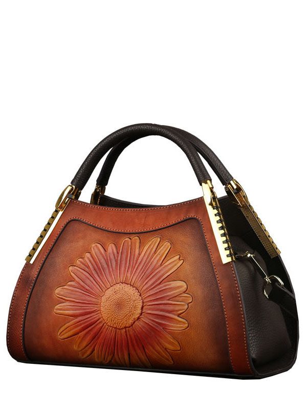 DIY Red The Sunflowers Jacquard Calf Leather Tote Handbag