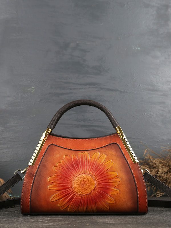 DIY Red The Sunflowers Jacquard Calf Leather Tote Handbag