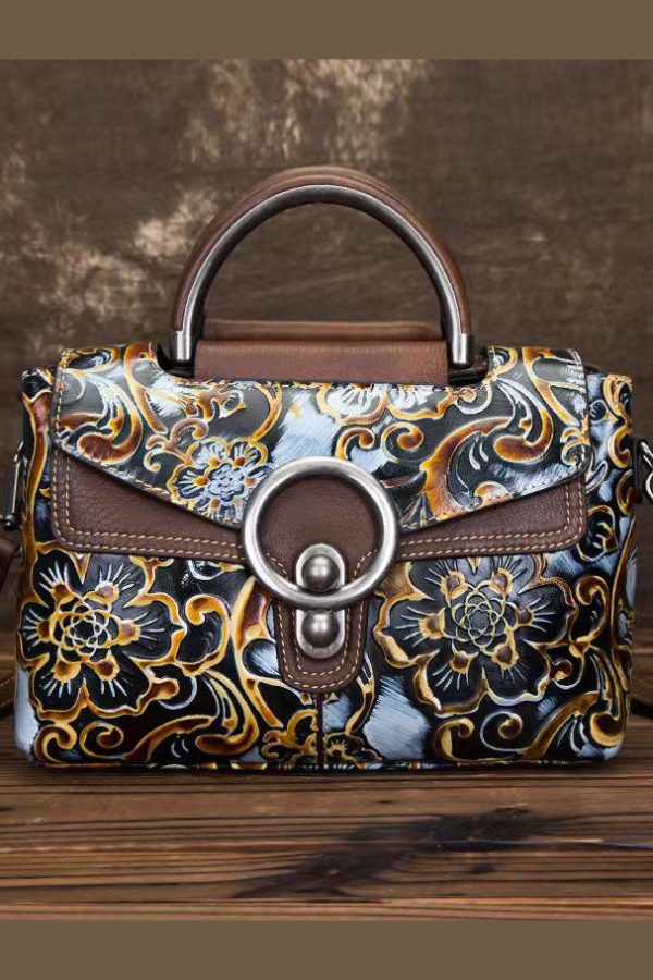 DIY retro Apricot Embossing Paintings Calf Leather Messenger Bag