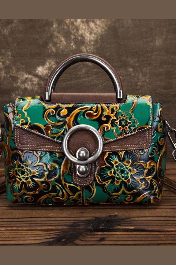 DIY retro Apricot Embossing Paintings Calf Leather Messenger Bag