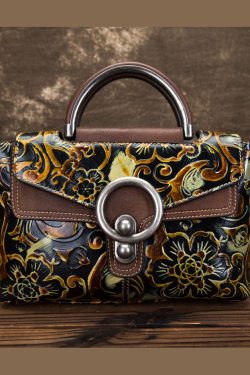 DIY retro Apricot Embossing Paintings Calf Leather Messenger Bag
