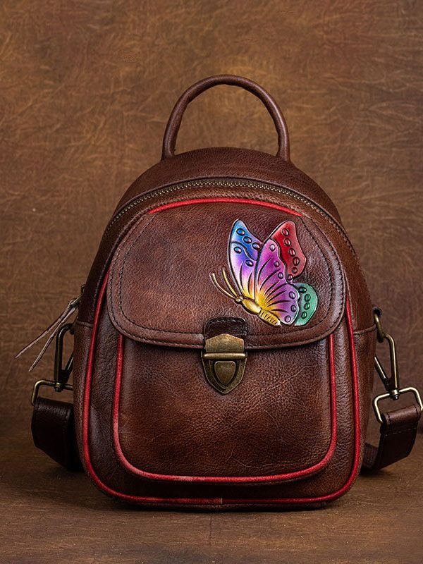 DIY retro Green Versatile Paitings Calf Leather Backpack Bag