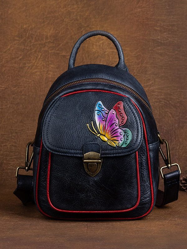 DIY retro Green Versatile Paitings Calf Leather Backpack Bag