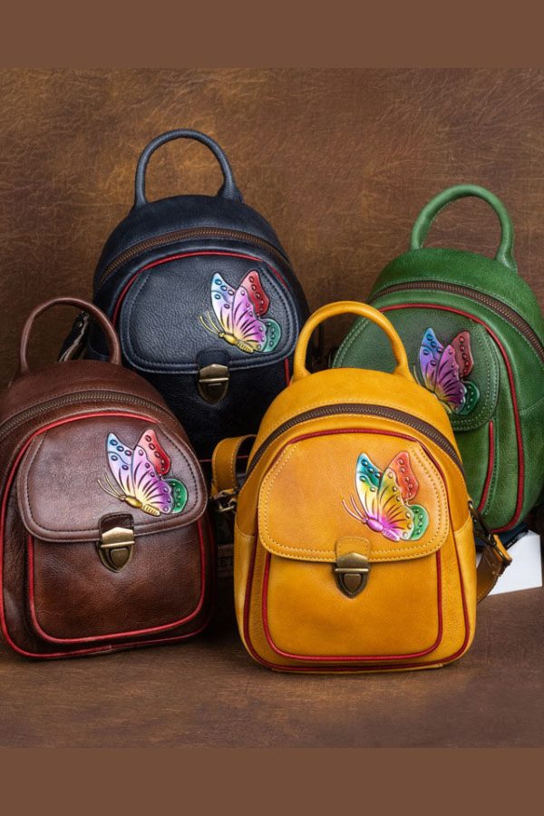 DIY retro Green Versatile Paitings Calf Leather Backpack Bag