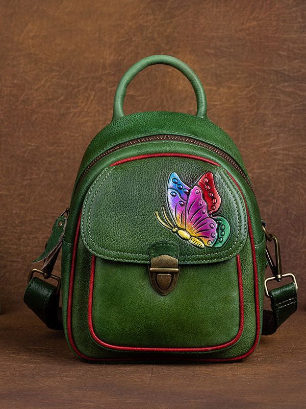 DIY retro Green Versatile Paitings Calf Leather Backpack Bag