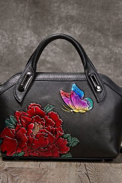 DIY Yellow Embossing Paitings Calf Leather Tote Handbag