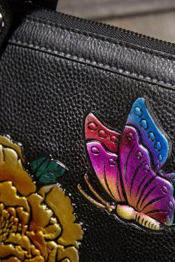 DIY Yellow Embossing Paitings Calf Leather Tote Handbag