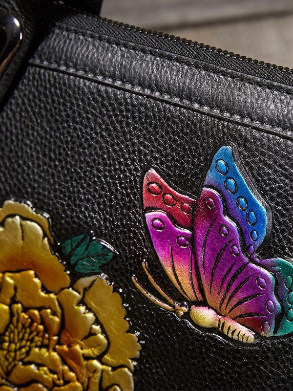 DIY Yellow Embossing Paitings Calf Leather Tote Handbag